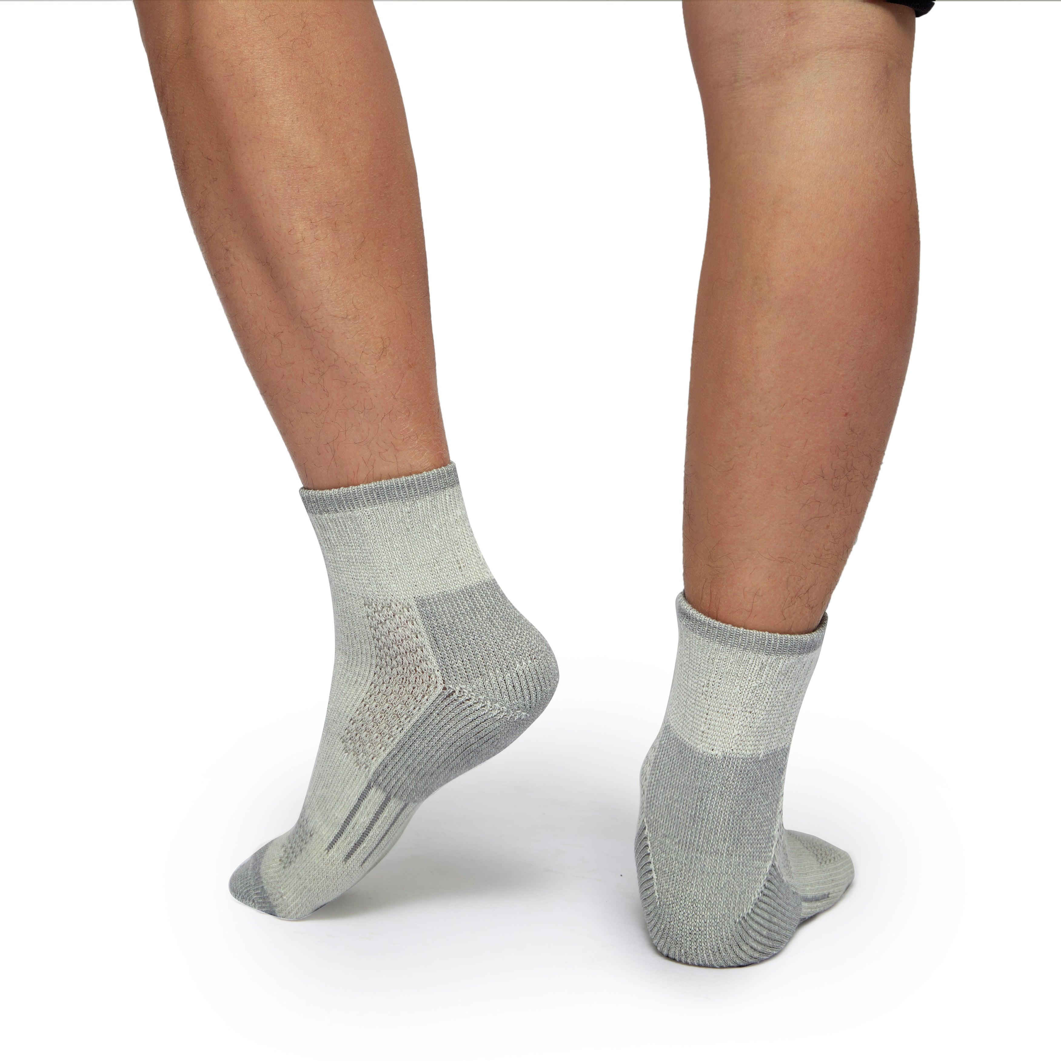 Model Wearing Men’s Merino Wool Grey Compression Socks for Comfort and Support